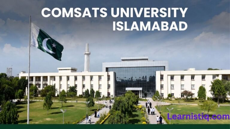 COMSATS University Islamabad Main Campus 2026 - Beautiful view of CUI academic buildings with Pakistani flag and students on campus