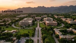 PIEAS Nilore campus aerial view at golden hour — 312-acre self-contained residential university in Islamabad