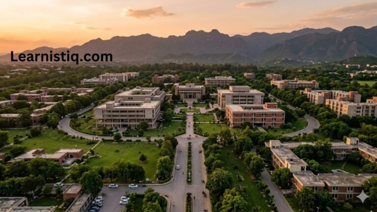 PIEAS Nilore campus aerial view at golden hour — 312-acre self-contained residential university in Islamabad