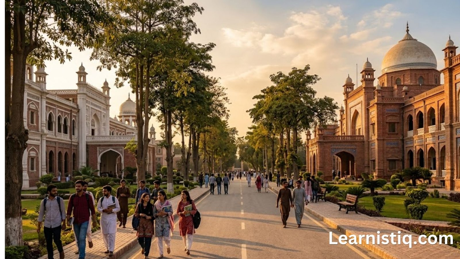 BZU Multan main campus wide view with students walking on tree-lined pathway on a sunny day — Bahauddin Zakariya University 2026 complete guide