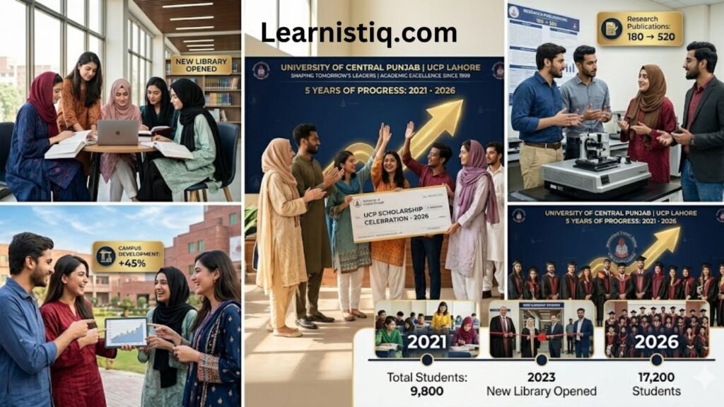 Happy and diverse Pakistani university students at UCP Lahore campus, some studying in library, some in modern labs, group discussion, scholarship celebration atmosphere, bright and positive mood, modern university environment, realistic photography style, vibrant colors