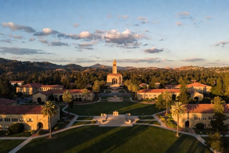 "Stunning aerial view of Stanford University Main Quad at sunset with Memorial Church, sandstone buildings, and palm trees on the historic campus in California"