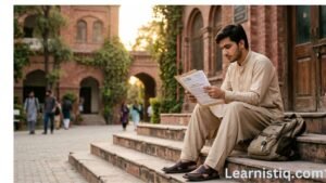 GC University Faisalabad student reviewing admission documents on campus steps at Government College University Faisalabad