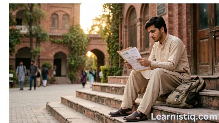 GC University Faisalabad student reviewing admission documents on campus steps at Government College University Faisalabad
