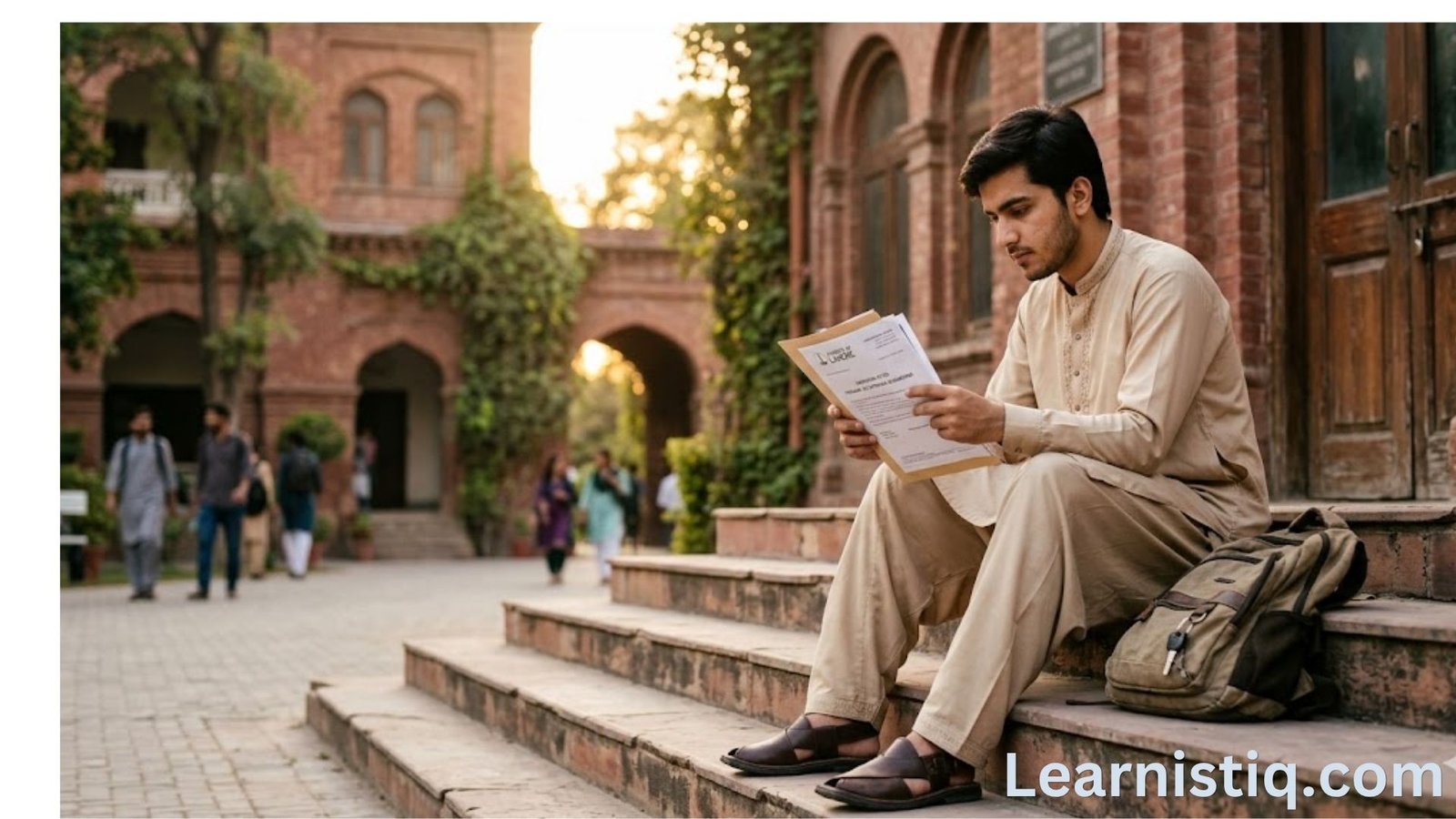 GC University Faisalabad student reviewing admission documents on campus steps at Government College University Faisalabad