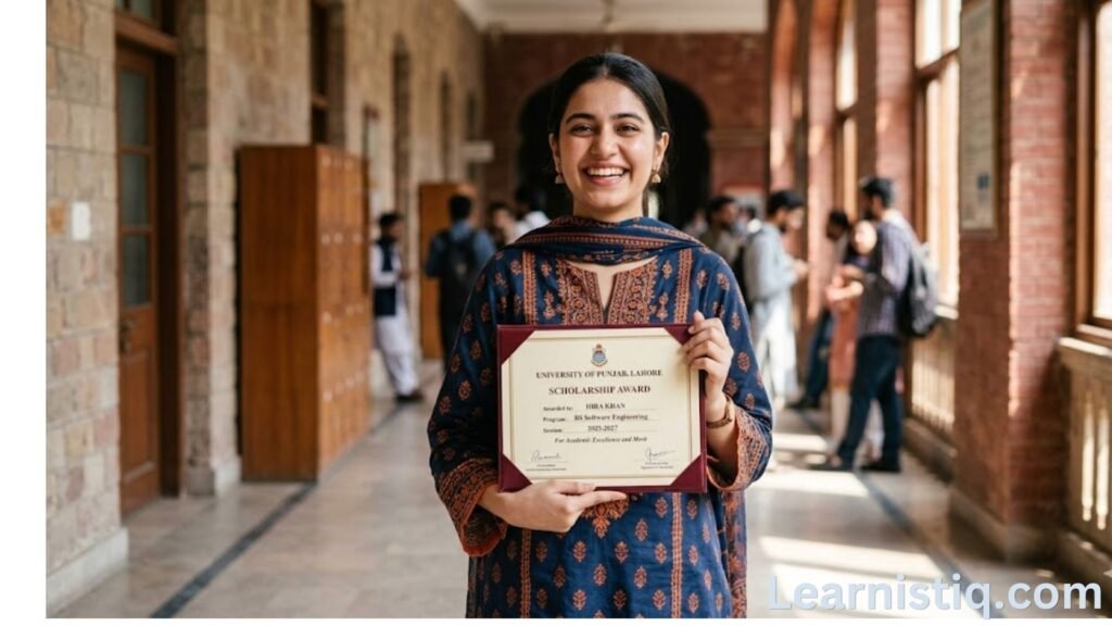 Pakistani female student receiving HEC need-based scholarship at 
GCUF Faisalabad