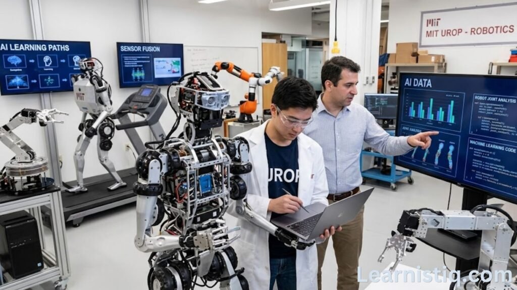 MIT university undergraduate student working on robotics research in a modern lab through the UROP program, highlighting hands-on research opportunities