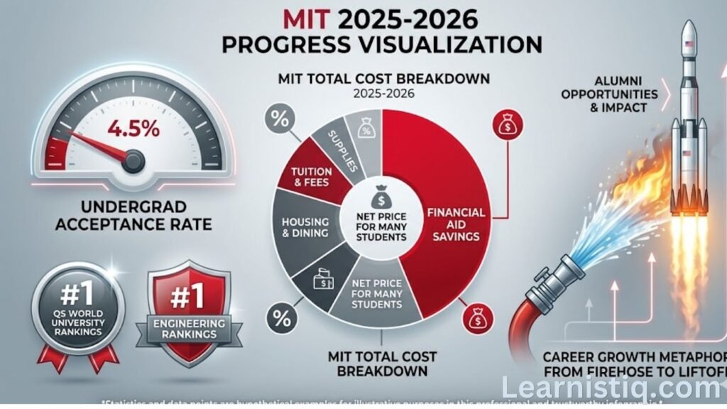 MIT university 2025-2026 statistics infographic showing acceptance rate, rankings, financial aid, and career outcomes at Massachusetts Institute of Technology