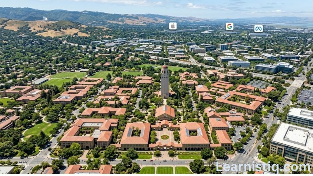 Stanford University campus aerial view in Silicon Valley showing location near Palo Alto
