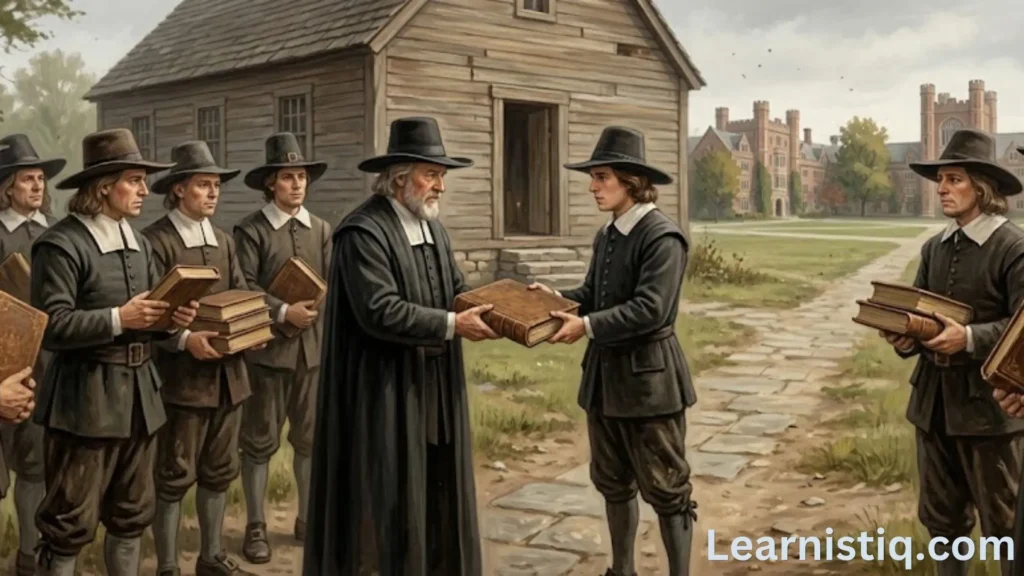 "Illustration of the founding of Yale University in 1701 by Congregationalist ministers donating books"