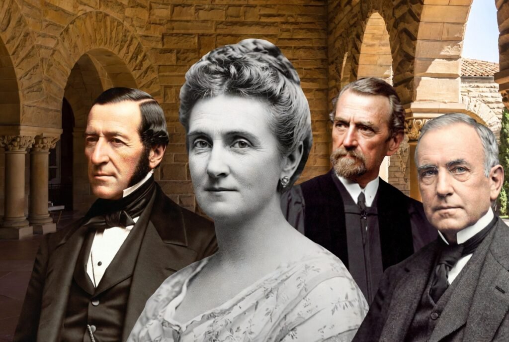 "Collage of four key Stanford University founders and leaders: Jane Stanford, Leland Stanford, Frederick Terman, and Wallace Sterling, set against Stanford's iconic sandstone arches"