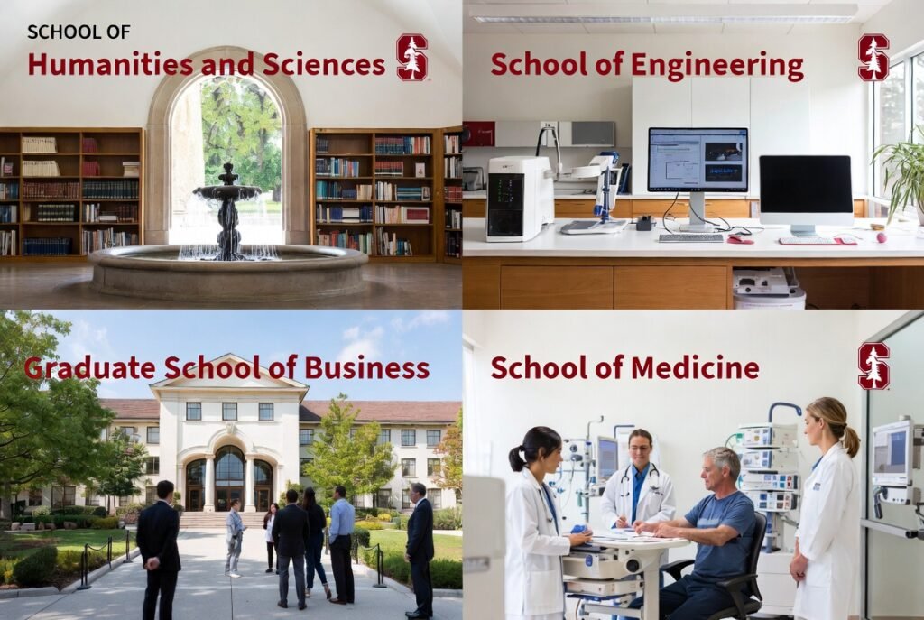 "Stanford University schools collage: School of Humanities and Sciences, School of Engineering, Graduate School of Business, and School of Medicine"