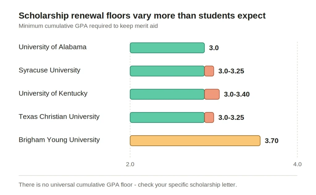  imageBar chart comparing minimum cumulative GPA requirements to renew university scholarships at Alabama, Syracuse, Kentucky, TCU, and BYU, ranging from 3.0 to 3.70